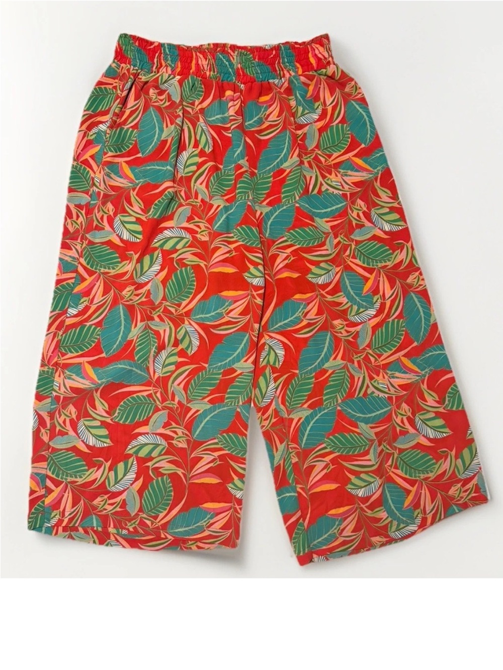 Rose + Olive Tropical Wide Leg Pants Womens 1X Plus Palm Leaf Resort Palazzo